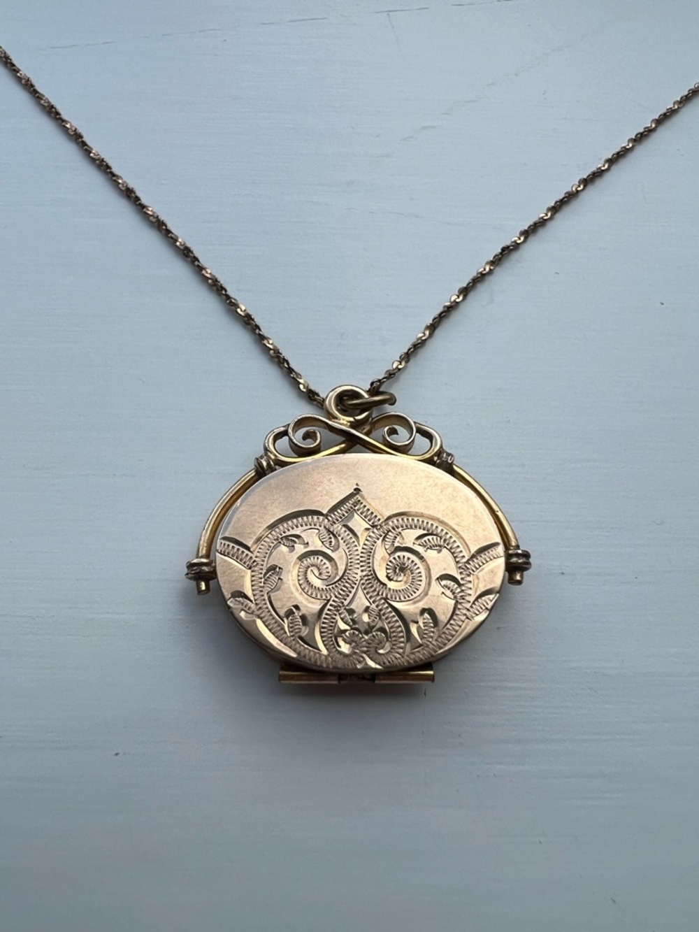 Antique Victorian 14K Gold Filled Delicate Oval Locket “S.S.” & Scroll Engraving